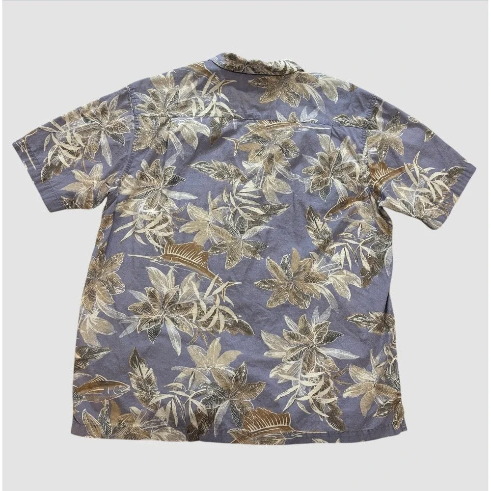 Columbia‎ Men's Medium Hawaiian Shirt 100% Cotton Palm Trees Fish Lavender Blue